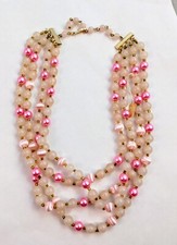 JAPAN Signed Pink Faux Pearl White Bead 4 Strand Collar Necklace 12" Vintage