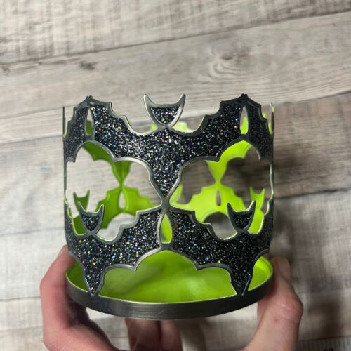 Bath And Bodyworks Candle Holder Discontinued Halloween Bats Glitter Neon Green - Picture 2 of 6