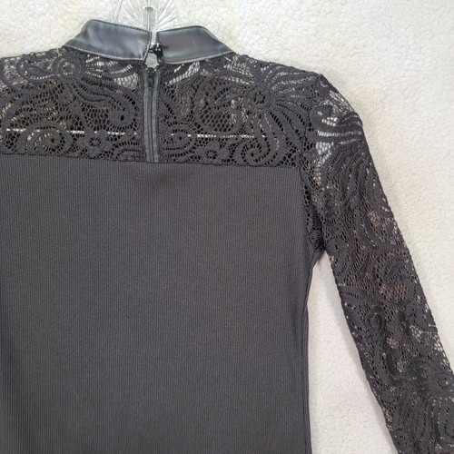 Black Faux Leather High Neck Sheer Lace Sleeves Goth Blouse Womens Top Size S - Picture 10 of 14