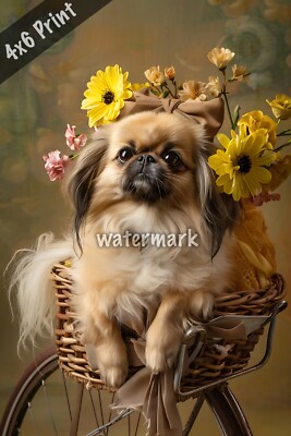 Pekingese in a bike basket with a bow and flowers ar 2 4x6