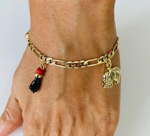 PULSERA AZABACHE ELEFANTE ADULTO ENCHAPADA EN ORO 18K 7,25" PROTECCIÓN, SUERTE -B142 - Imagen 1 de 5