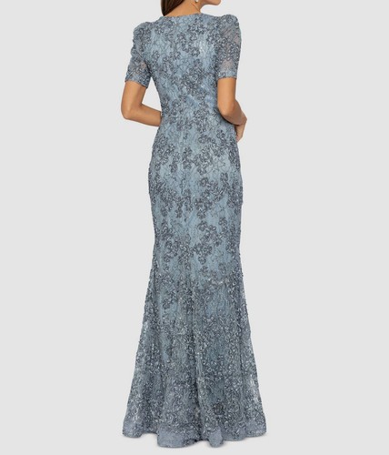 Xscape Women's Blue Floral Lace Sequin Soutache V-Neck Gown Dress Size 6 - Picture 2 of 3