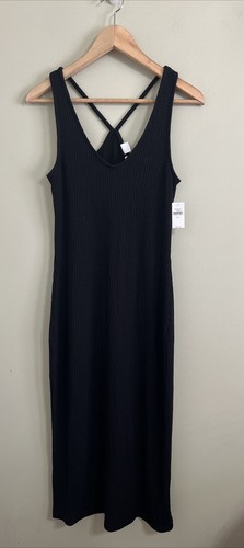 Gap Black Stretchy Ribbed Knit Strappy Sleeveless Midi Dress Size Small/tall
