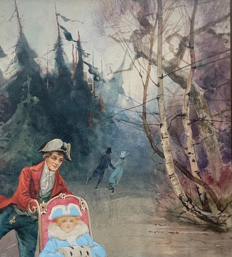 PINTURA ANTIGUA ERNEST LINZELL ""Patinaje sobre hielo victoriano y escena de cortejo en trineo - Imagen 7 de 10