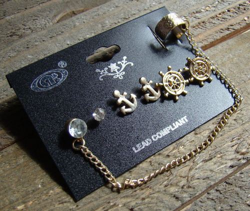 Nautical Earrings Anchor Boat Wheel Ear Cuff Rhinestone Gold Tone Jewelry Set - Picture 1 of 3