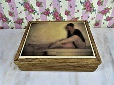 Vintage Solid Oak Trinket Box Tile Lid Ballet Theme Handmade Felt Lined 2 Piece