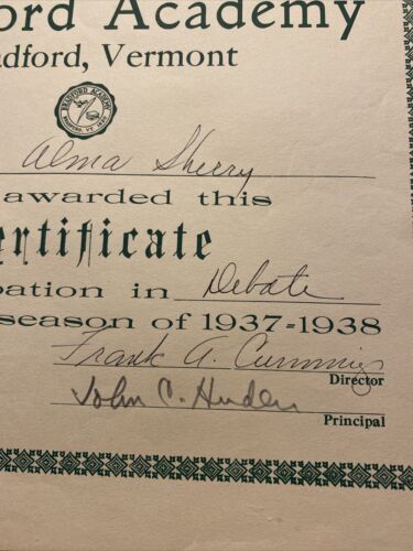 1938 Bradford Academy School Award Debatte Zertifikat Vermont VT signiert P7b - Bild 10 von 17