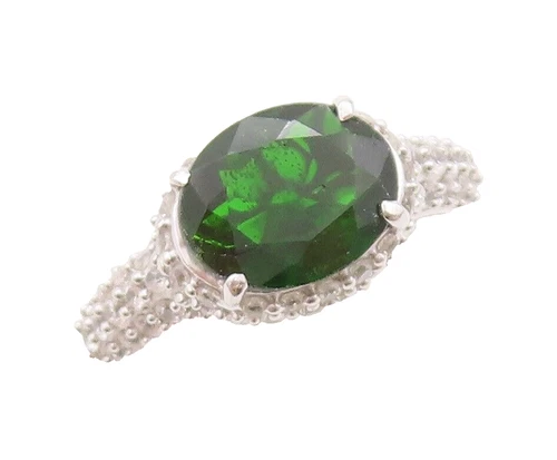 925 Sterling Silver Vintage Ring Oval Cut Diopside & CZ Inlay  Sz 7  RG29742