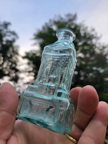 Rare Aquamarine Open Pontil figural Fountain Building Cologne Bottle~AS IS - Picture 9 of 24
