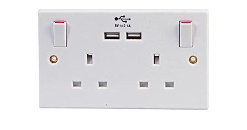 Double Wall Plug Socket 2 Gang 13A w/ 2 Charger USB Ports Outlets Flat Plate UK - Picture 6 of 7