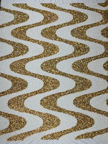 Wavy Line Velvet Sequins - White / Gold - Velvet 2 Way Stretch Fabric Yard - Picture 4 of 4