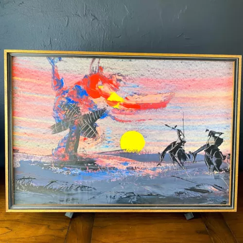 Mid-Century Vtg Abstract Modernist Painting Don Quixote BOLD Colors Framed 24x16