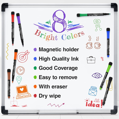 Fine Tip Dry Erase Markers 8 Pack, Magnetic White Board Pens with Eraser, Skinny - Picture 3 of 7