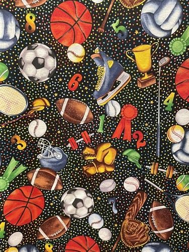 Colorful Sports Themed Icons Cotton in Black Background Fabric 2.75 yds only42"W - Picture 9 of 10