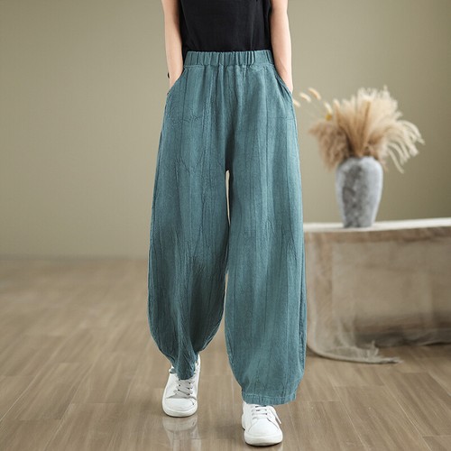 Damen Baumwolle Leinen Hose Gummibund Locker Freizeit Lange Laternenhose Sommer - Bild 16 von 21