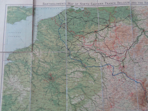1914 REDUCED SURVEY MAP N E FRANCE BELGIUM RHINE by BARTHOLOMEW COL GERMAN LINE - Picture 2 of 10