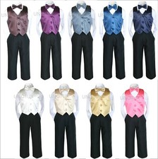 Hermosala Teens Boy 4pc set Formal White Shirt Black Pants Vest Bow Tie Outfit
