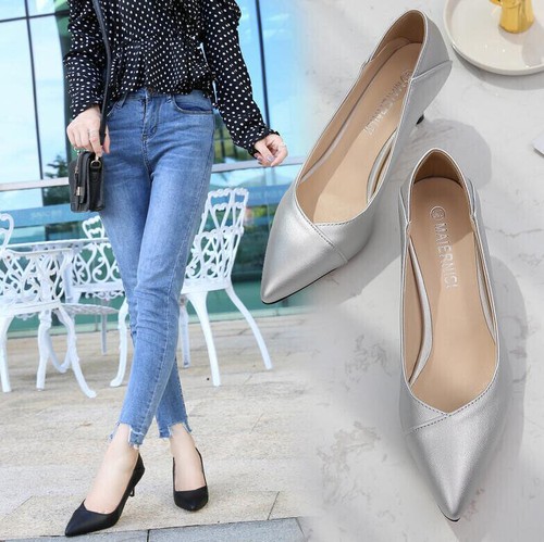 Womens Low Kitten Heel Chunky Dress Work Pointy Toe Slip On Pumps Shoes Size New - Picture 5 of 22