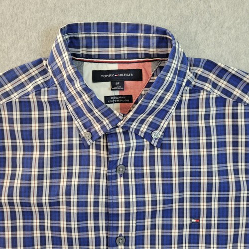 Tommy Hilfiger Shirt Men's Small Petite Regular Fit Blue Plaid Long Sleeve Coton - Picture 2 of 21