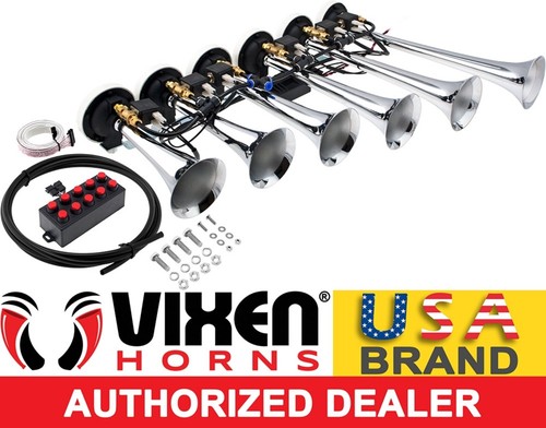 LOUD 6 TRUMPET 10TUNE MUSICAL AIR HORN W/WIRED REMOTE 12V CHROME PLATED VXH6810C - Foto 1 di 8