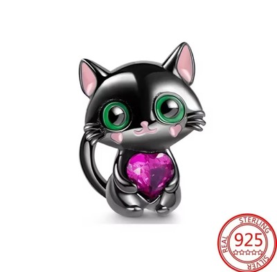 Silber 925 schwarze Katze mit Herz Anhänger 