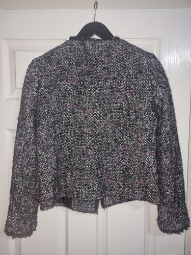 Massimo Dutti Black Flocked Boucle Tweed Fringed Open Edge Blazer Jacket UK 10 - Bild 7 von 7