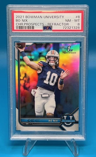 Graded Bo Nix 2021 #8 1st Bowman University Chrome Prospects Refractor PSA 8