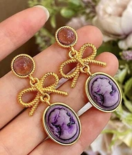 Baroque Victorian Purple Cameo Woman Gold Gilded Bow Earrings NEW Jewelry Gift