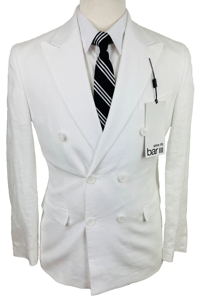 $360 BAR III Hombres Blanco 100% Lino Doble Pecho Blazer Abrigo Deportivo Traje Chaqueta Foto 2 de 4