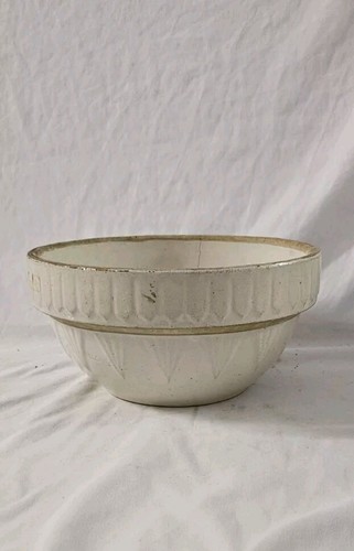 Large Antique Ruckels Stoneware White Picket Fence Mixing Crock Bowl 10"