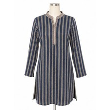 Navy Blue Gold Striped Kurta Tunic Mens Mandarin Collar Long Shirt Indian Boho