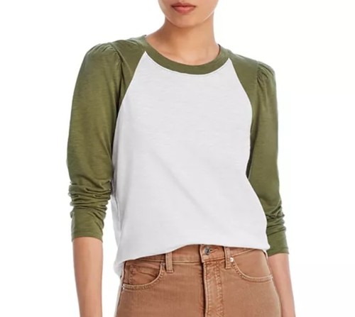 VERONICA BEARD Jeans Women's Mason Baseball Tee Size L Khaki Green/White EUC - Picture 1 of 6