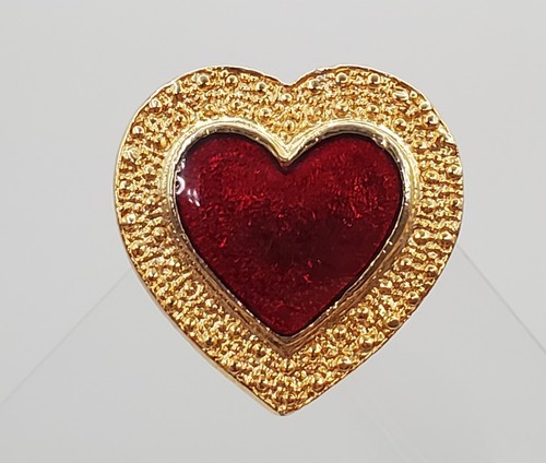 VTG Heart Brooch 1in Textured Gold Tone Thick Red Enamel Resin Valentine Day Pin - Picture 14 of 18
