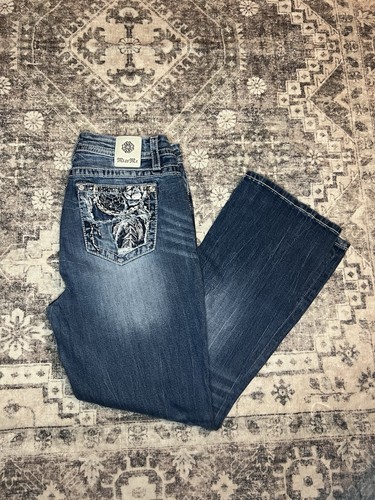 Pantalones de mezclilla para mujer Miss Me tiro medio bota curvilínea lavado oscuro estrás bolsillos talla 30