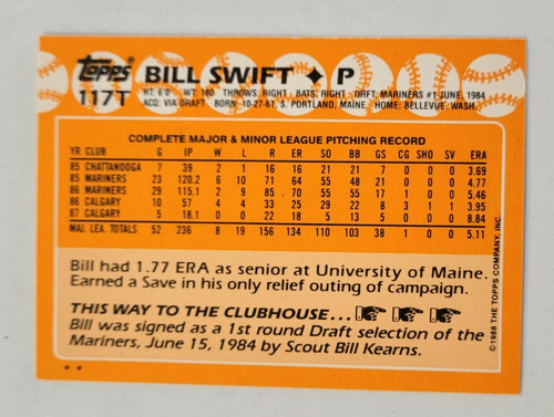 Tarjeta firmada por Bill Swift 1988 Topps intercambiada #117T autógrafo de los Seattle Mariners - Imagen 2 de 2