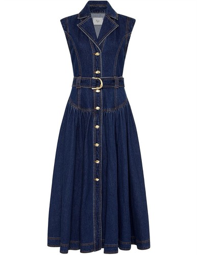 Aje "Elena" belted denim  midi dress in indigo  size UK6