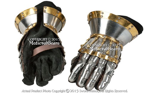 Silver Functional Large 16G Steel Princely Hourglass Gauntlets Leather Glove SCA - Picture 2 of 7