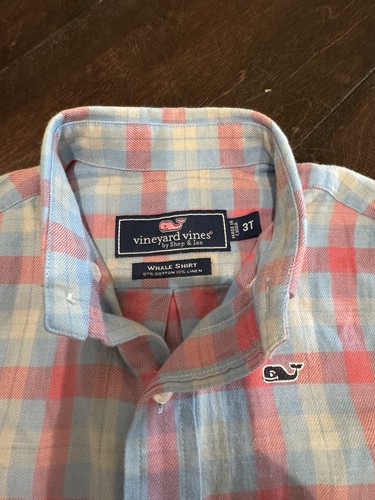Vineyard Vines Blue Pink Beige Plaid Button Down Shirt Sz 3T Cotton Linen Blend - Picture 2 of 3
