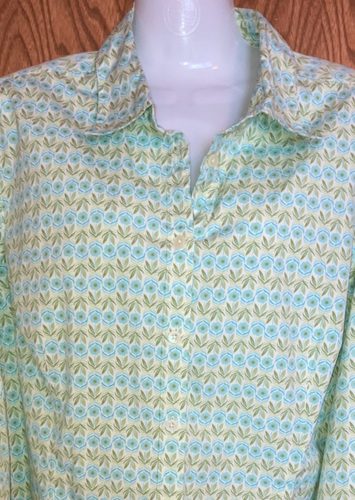 Talbots Shirt Womens XL Green Blue Floral Button Up Cotton Spandex 3/4 Slv Top - Picture 2 of 7