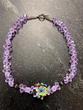 Handcrafted Artisan Purple Glass Beaded Necklace With Hand blown Glass Flowers