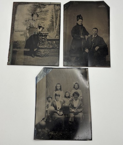 Antik 1800er Daguerreotypie Foto Konvolut 3 Blech Familien Kabinett Portrait - Bild 1 von 5
