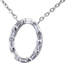 Diamond 18k White Gold VS Baguette Bar Set Oval Pendant Necklace 0.20CT