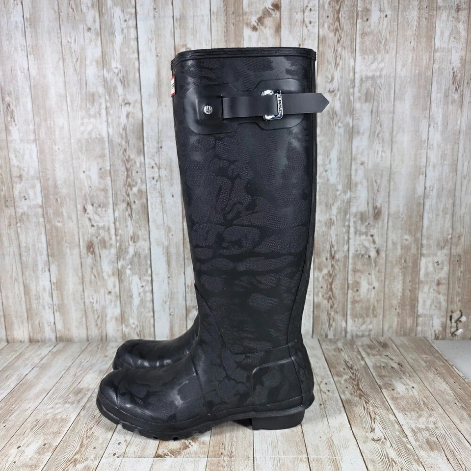 Hunter Botas de Lluvia Altas Negro Estampado Camuflaje Impermeables Botas al Aire Libre EE. UU. 9 Foto 2 de 4