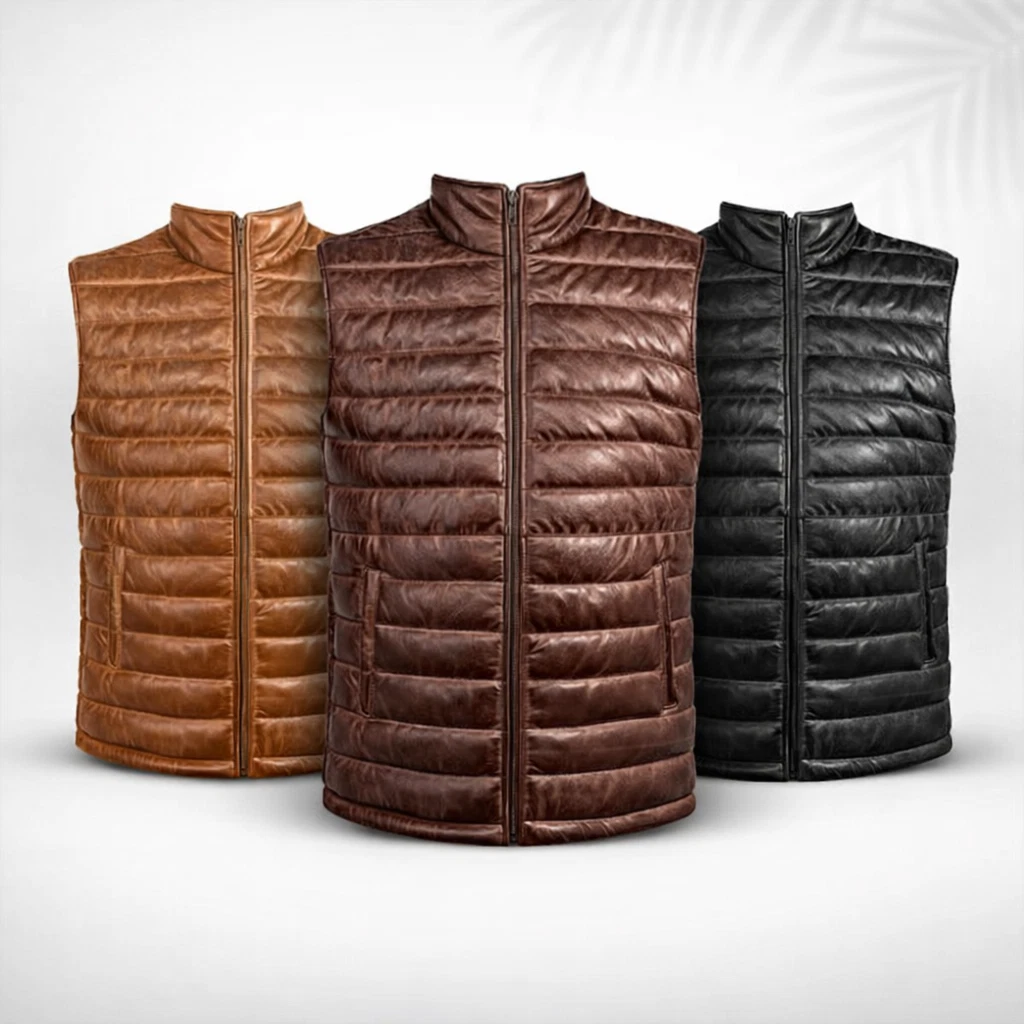 New Men Genuine Lambskin Leather Puffer Vest Multi Color Leather Outwear