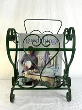 Vintage Green Metal Magazine Rack with Garden Scroll Style