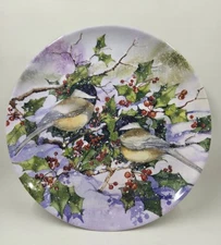 Keller Charles 8” Christmas  Chickadees Holly Berry Snow Melamine Plate
