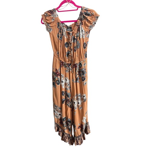 Angie Jumpsuit Damen Gr. Medium Blumen Rüschenbesatz Kurzarm Pfirsich Boho - Bild 2 von 5