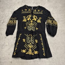 Free People Anouk Embroidered Mini Dress Black Gold Embroidery XS