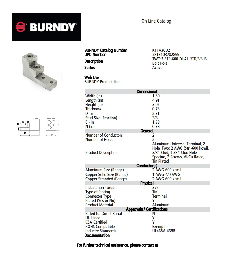 NEW Burndy NSB K11A36U2 Two-Hole Aluminum Universal Terminal( 2 AWG - 600kcmil ) - Image 2 of 3