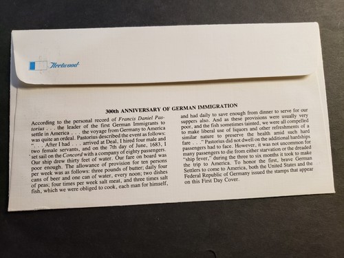 Inmigración Alemana 1983 Doble Cubierta Fleetwood Envío CONCORD Cachet EE. UU. Y ALEMANIA - Imagen 2 de 2
